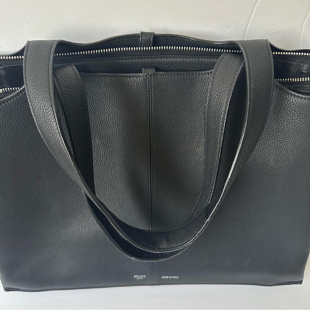 Celine Phoebe Philo Med Tri-Fold Black Shoulder Bag Grained Leather Authentic - Picture 8 of 16
